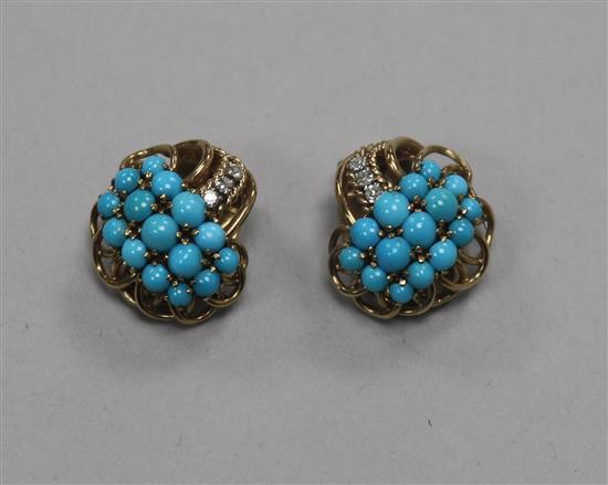 A pair of 1960s 9ct gold, turquoise and diamond set ear clips, 20mm.